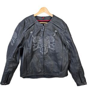 First Racing Skulls & Barbwire Men's Black Motorcycle Leather Jacket Sz Large
